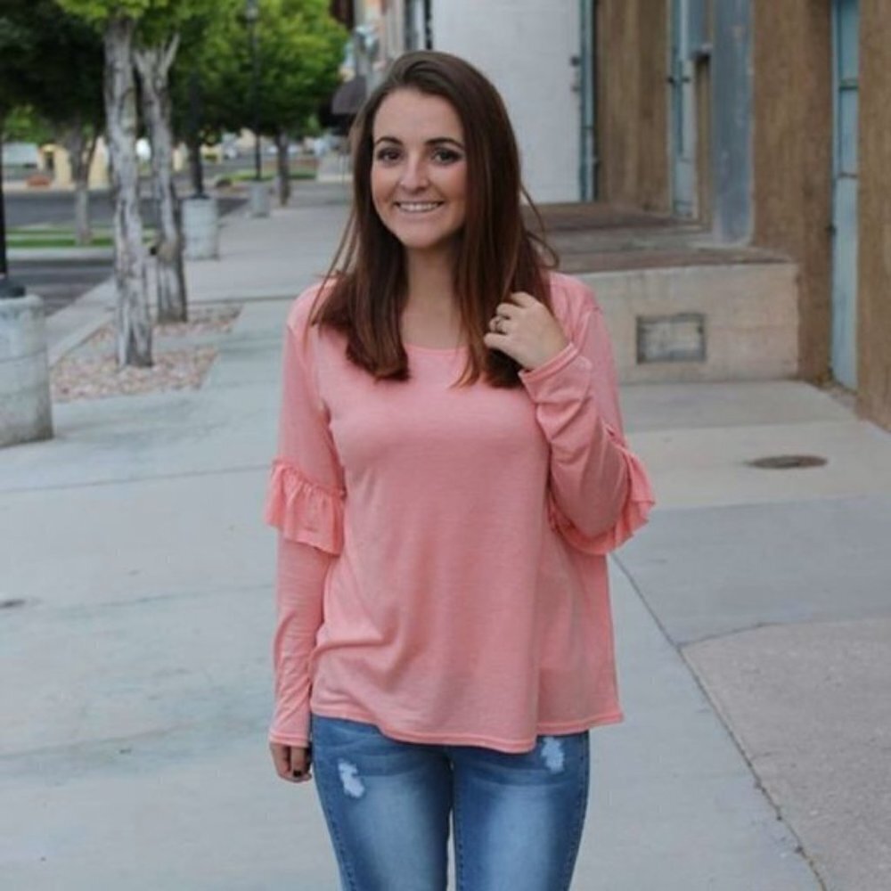 Peach Light Orange Long Sleeve Top Ruffle Soft M L